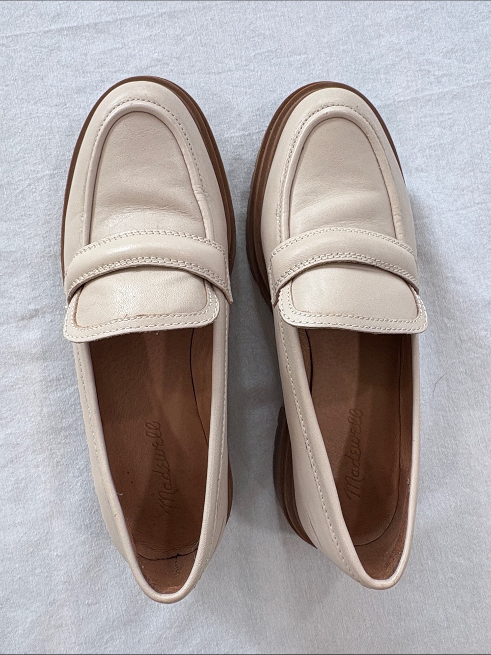 Madewell Cream Leather Penny Loafers with Brown Soles